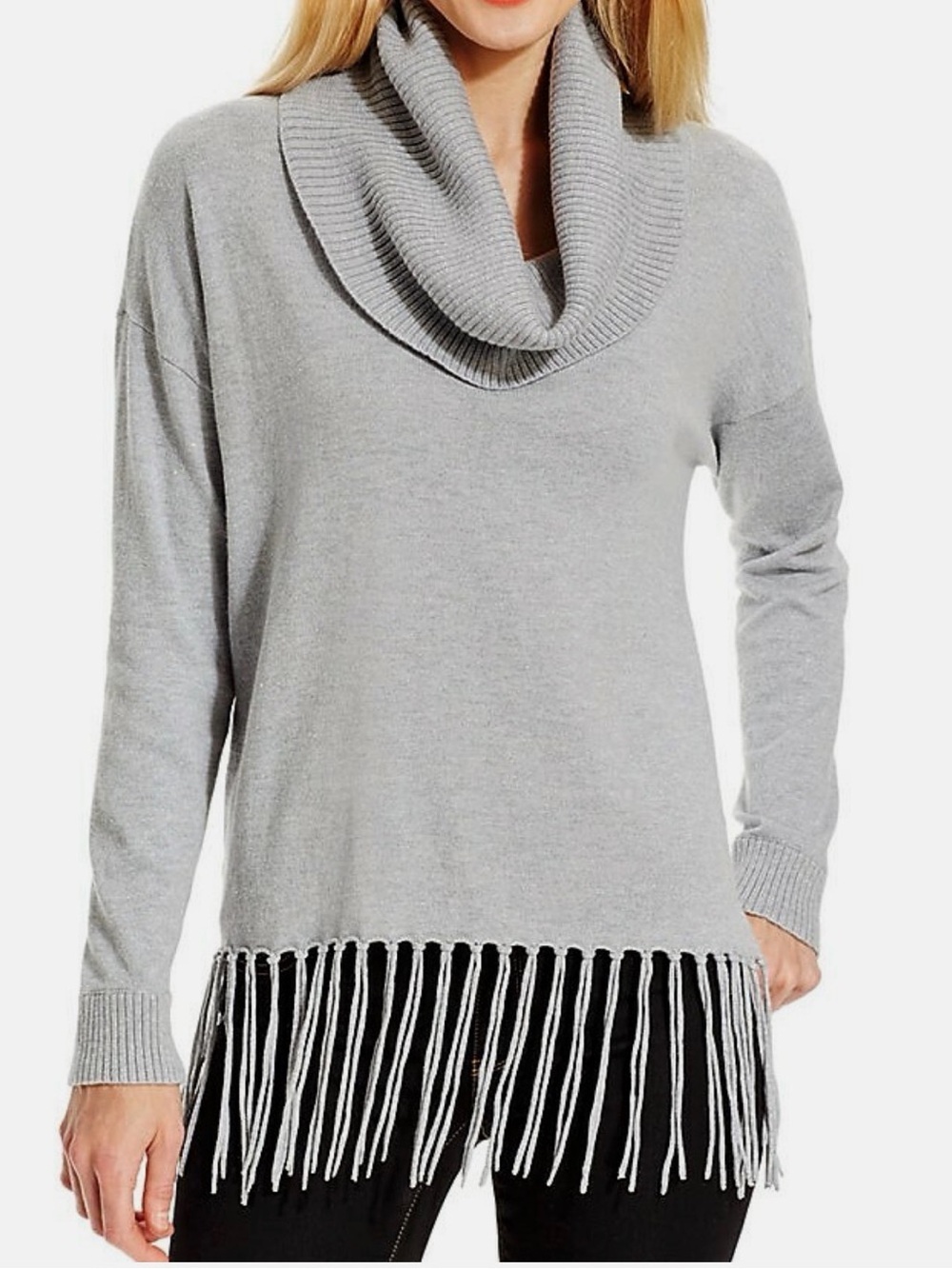 MICHAEL MICHAEL KORS Gray Lightweight Fringe Hem Cowl Neck Sweater, XL